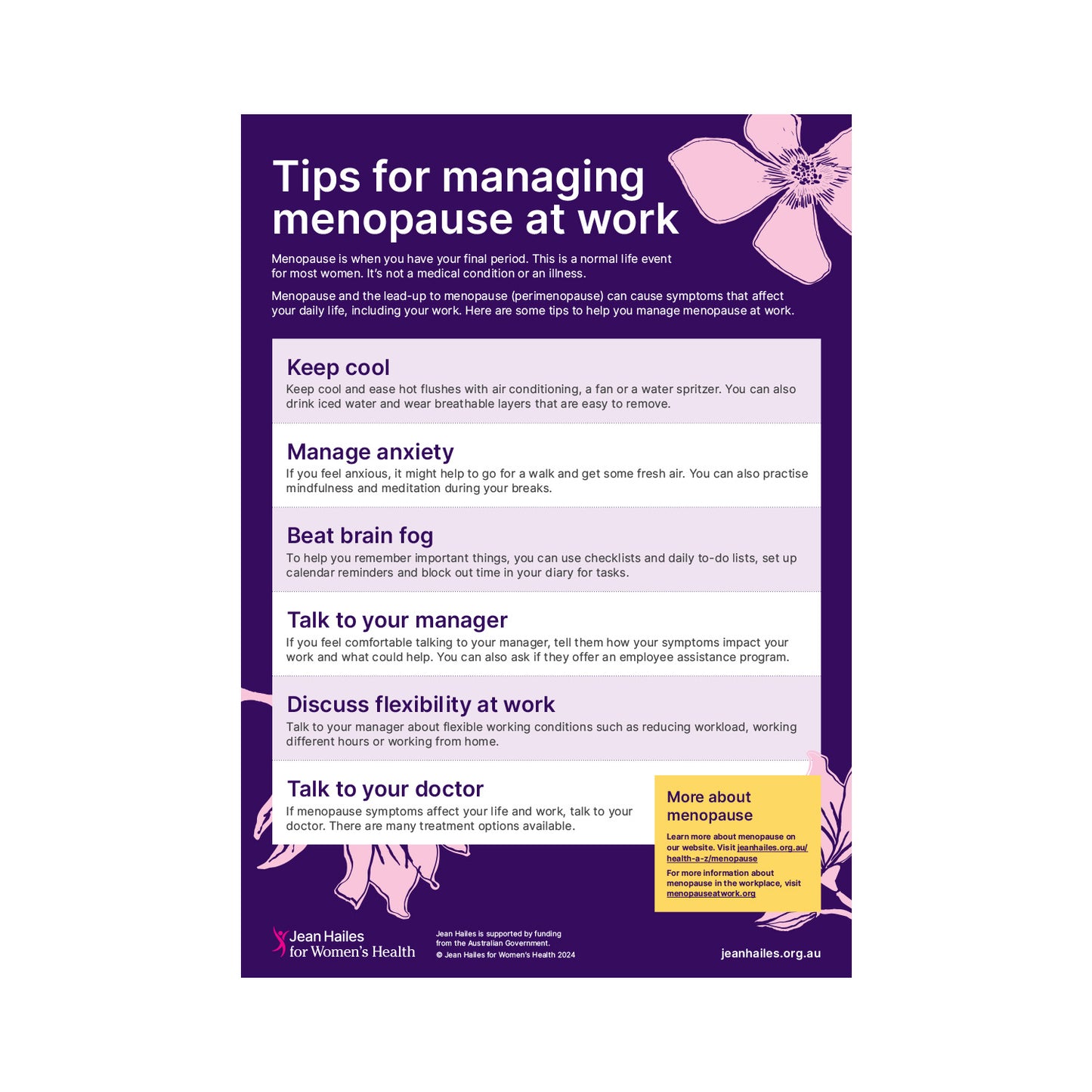 Tips for managing menopause at work A3 poster - bundle of 5